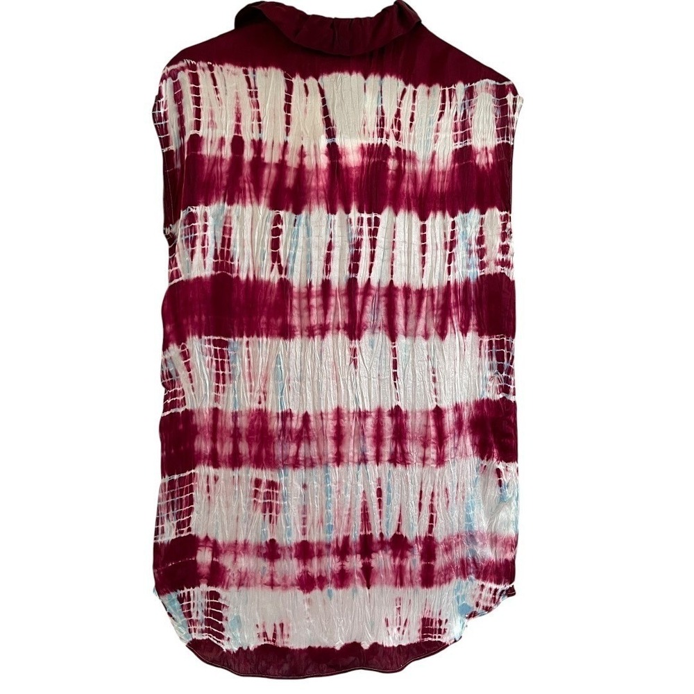 Sandro Silk Tie Dye Ruffle Blouse Womens 3 L Burgundy White Sleeveless Excellent - Picture 4 of 16